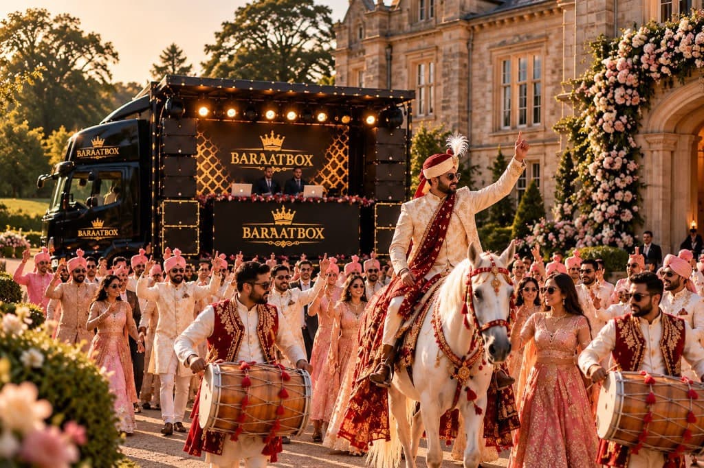 Groom on a white horse with dhol players and guests in pink and ivory, dancing in front of the open Baraat Box stage at a manor house in daylight