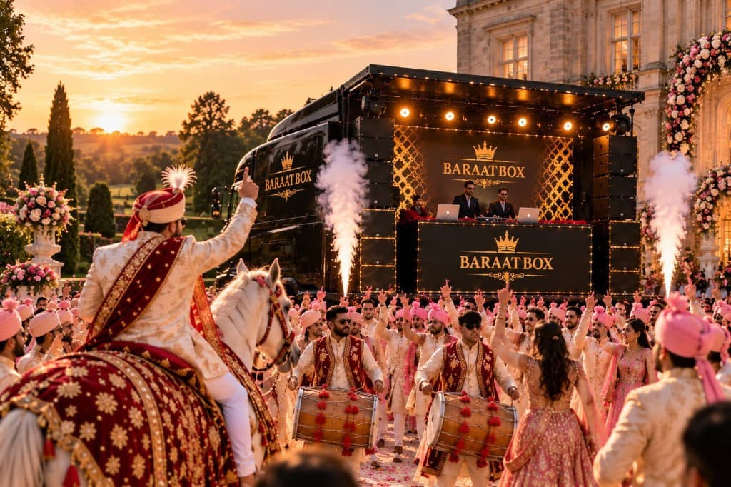 Baraat crowd and groom on horseback in front of the Baraat Box stage at sunset, with cold-spark fountains either side