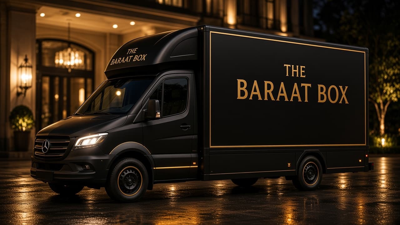 Closed luxury Baraat Box van at night