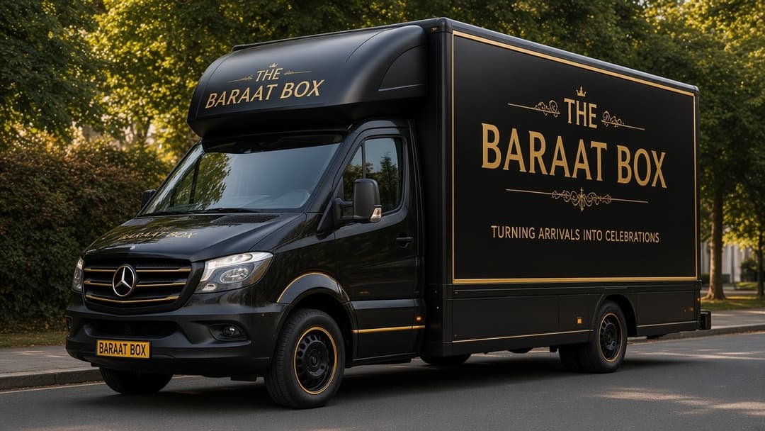 The Baraat Box luxury branded van closed at night