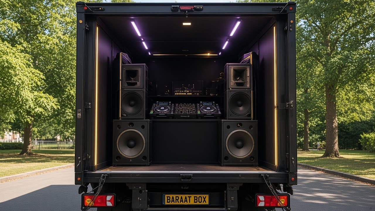 Procession mode — rear-open DJ stage moving with the baraat